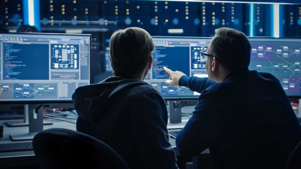 Two Professional IT Programers Discussing Blockchain Data Network Architecture Design and Development Shown on Desktop Computer Display.