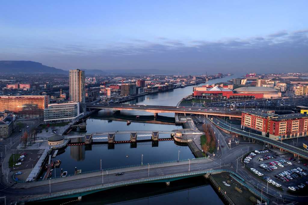 UK | United Kingdom  >  Northern Ireland  >  Belfast  >  Aerial cityscape / city centre / docklands